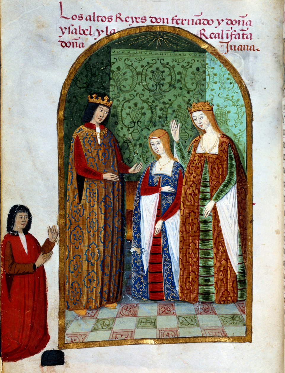 Král Ferdinand II., král aragonský a sicilský (1452 - 1516), Jana, královna Kastilie (1479 - 1555) a Isabella I. Kastilská (také známá jako katolička), královna Španělska (1451 - 1504). Miniatura ve filmu „Oddaní královny Da Juany, která volala šílenou žen od Unknown artist