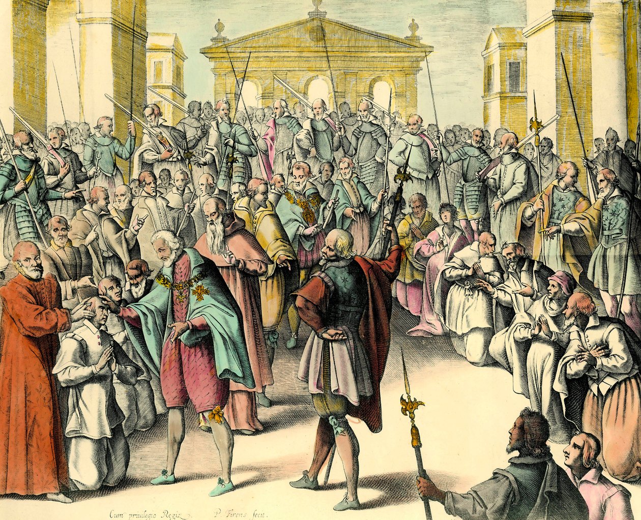 Král Jindřich IV. (1553-1610) se dotýká čela nemocného.“ Král je thaumaturg, má moc vyléčit ecrouely vyslovením této formule. Rytina z návrhu Andre du Laurens (1558-1609), lékař krále Jindřicha IV. od Unknown artist