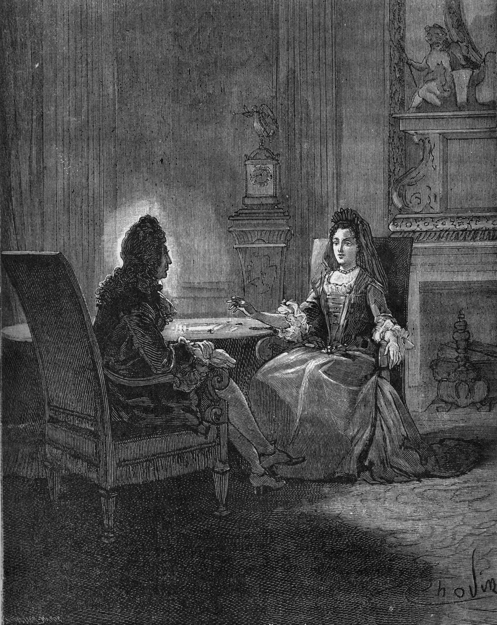 Král Ludvík XIV. (1638-1715) mluví se svou budoucí manželkou Madame de Maintenon (Francoise d