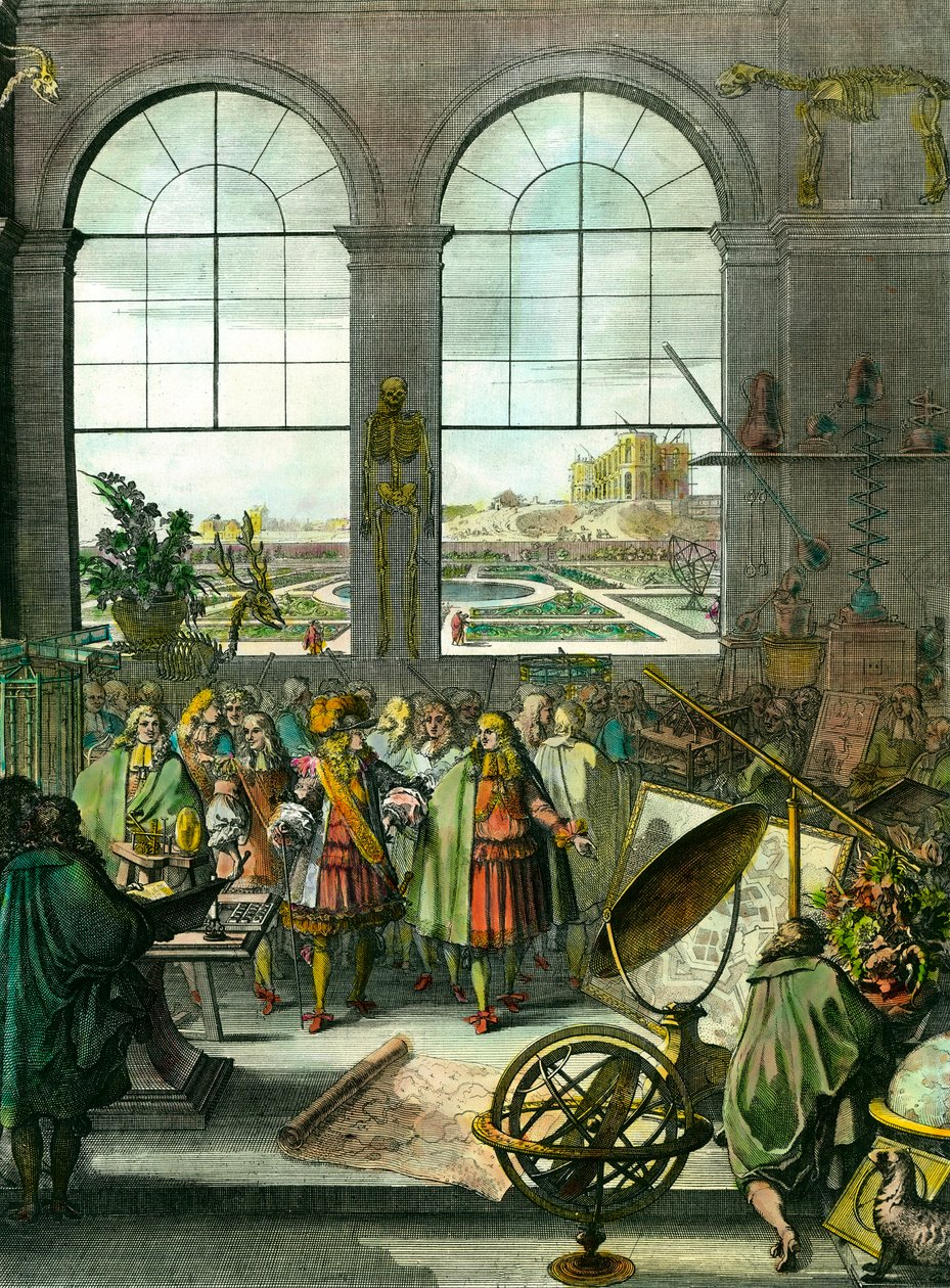 Místo navštíví král Ludvík XIV. (1638-1715), v pozadí se stále staví pařížská observatoř. Jsou zde různé vědecké přístroje, armilární koule, kostry, mapy, astronomické čočky, glóbus, vycpaná zvířata. Frontispice „“ přírody od Unknown artist