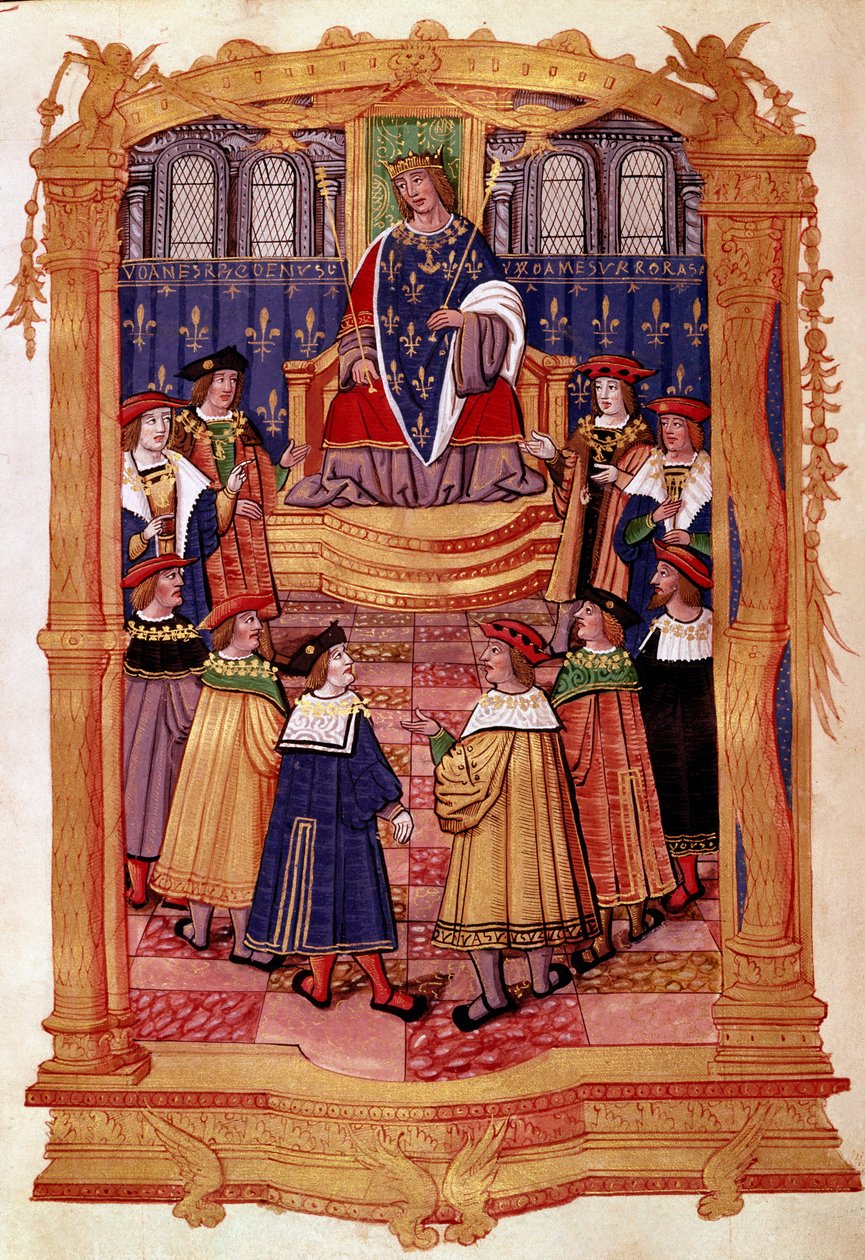 Král Ludvík XI. (1423-1483) a rytíři Řádu svatého Michaela Miniatura z rukopisu „“Statuty Řádu svatého Michaela”” Milán 15. století, Biblioteca Trivulziana od Unknown artist
