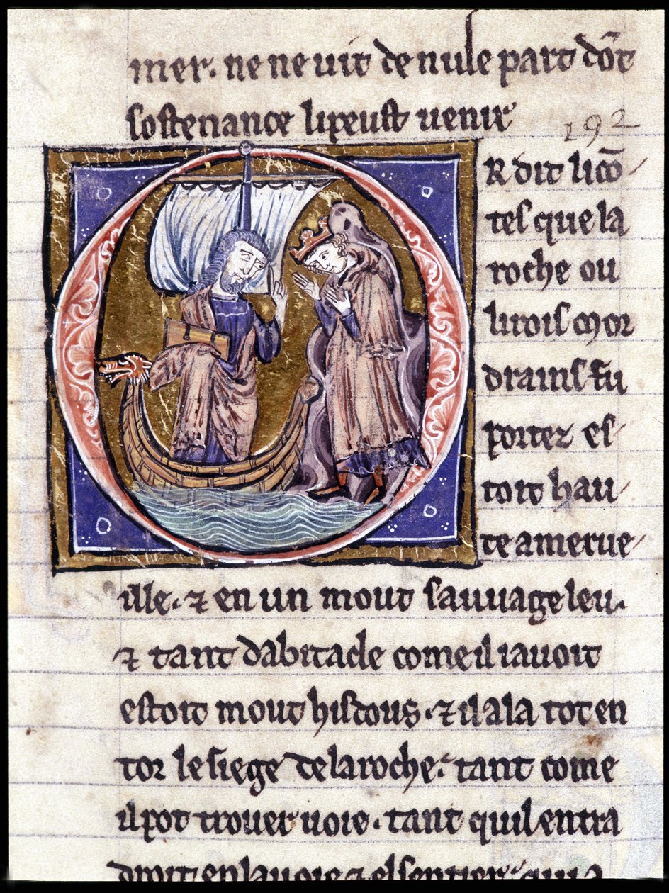 král Modreius. Rukopis: Dobytí Saint Gréal, napsaný 717 let po umučení našeho pána. Bibliotheque Municipale de Rennes, ms. 255 (Sbírka románů Kulatého stolu); Paříž od Unknown artist
