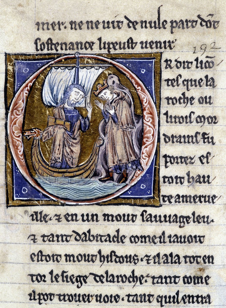 král Modreius. Rukopis: Dobytí Saint Gréal, napsaný 717 let po umučení našeho pána. Bibliotheque Municipale de Rennes, ms. 255 (Sbírka románů Kulatého stolu); Paříž od Unknown artist