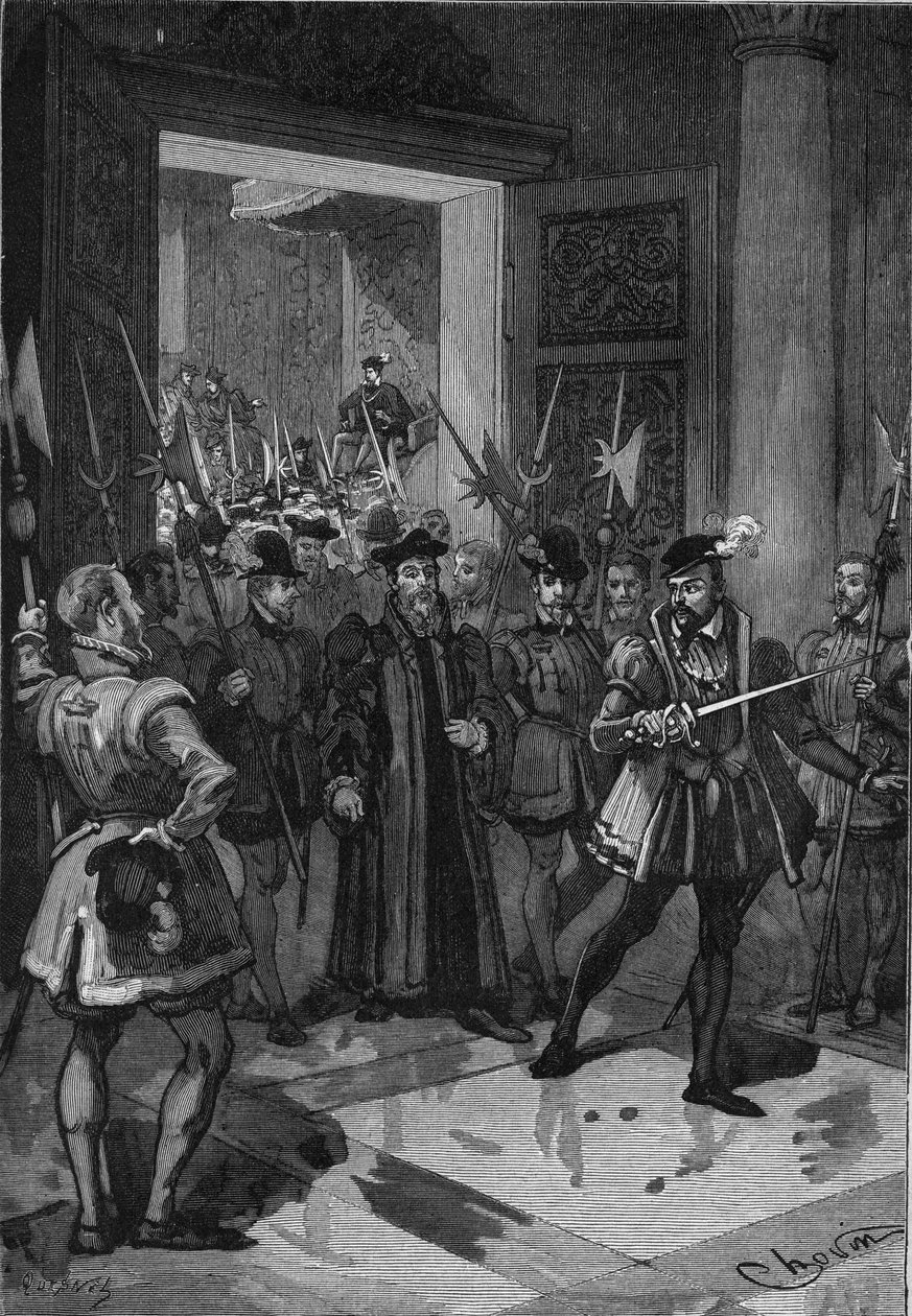 Francouzský král Jindřich II. (1519-1559) uprostřed a nařídil svému connetable, aby se zmocnil poradců. Rytina 19. století. V „Histoire de France“ od Julese Micheleta od Unknown artist