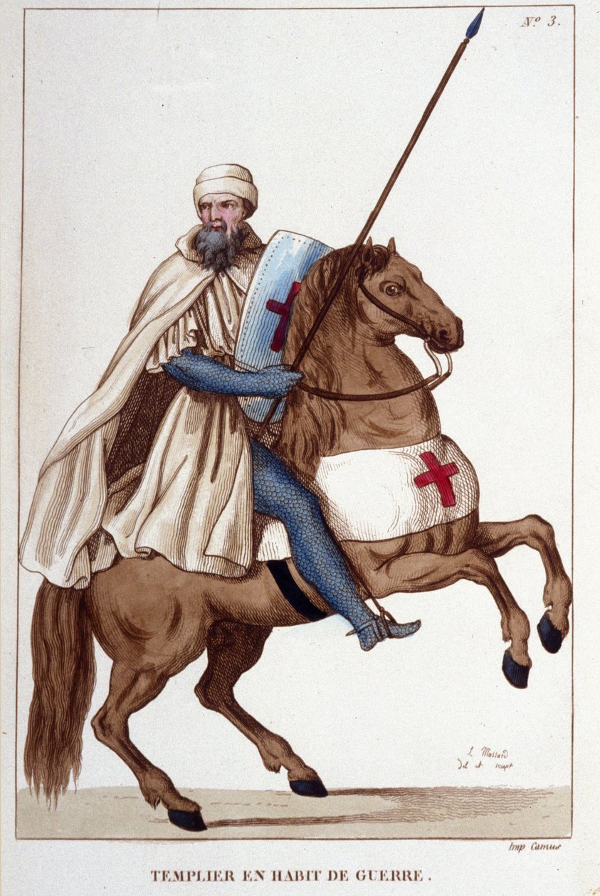Templářský rytíř ve válečném oděvu ze 14. století, rytina 1830 od Unknown artist