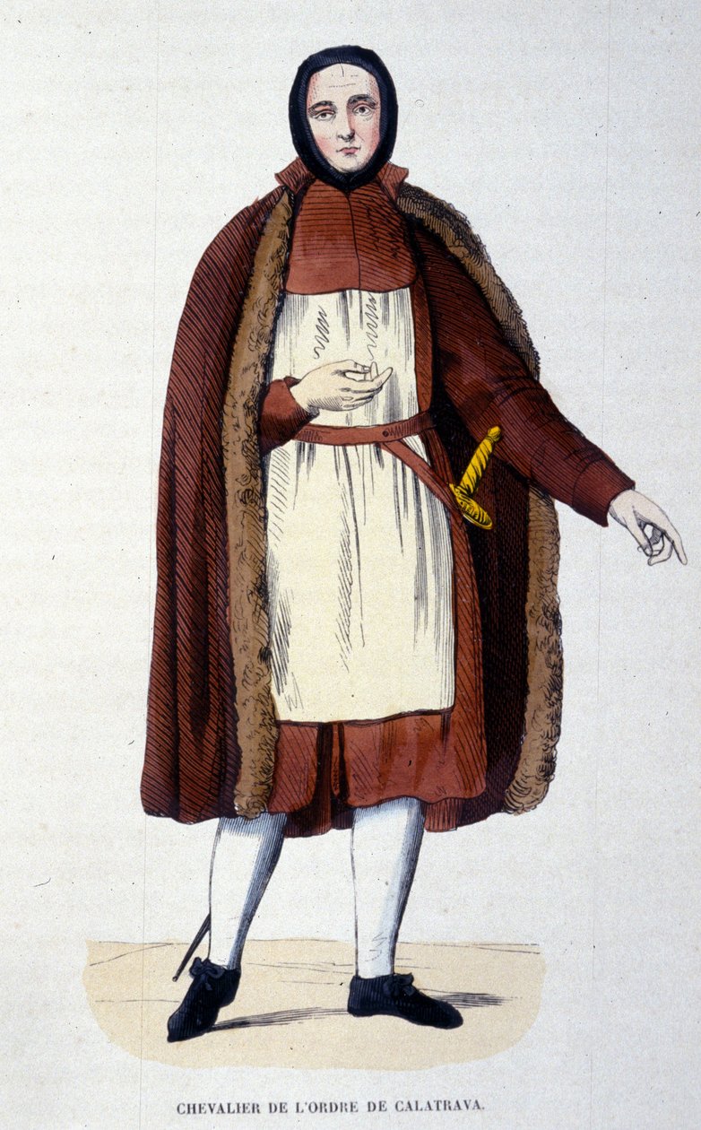 Rytíř řádu Calatrava. Skupina řeholníků a rytířů bránila město Calatrava ve Španělsku proti Kastilům v roce 1145 a 1158. Řád byl připojen ke španělské koruně v roce 1523 s králem jako velmistrem. Rytina 19. ce od Unknown artist