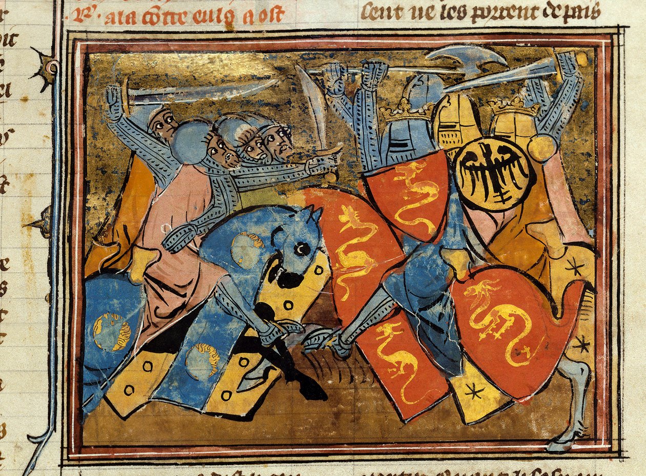 Rytíři bojují. Miniatura převzatá z „“ Histoire de Merlin”” od Roberta de Borona (Borron) (asi 1144-asi 1170) od Unknown artist