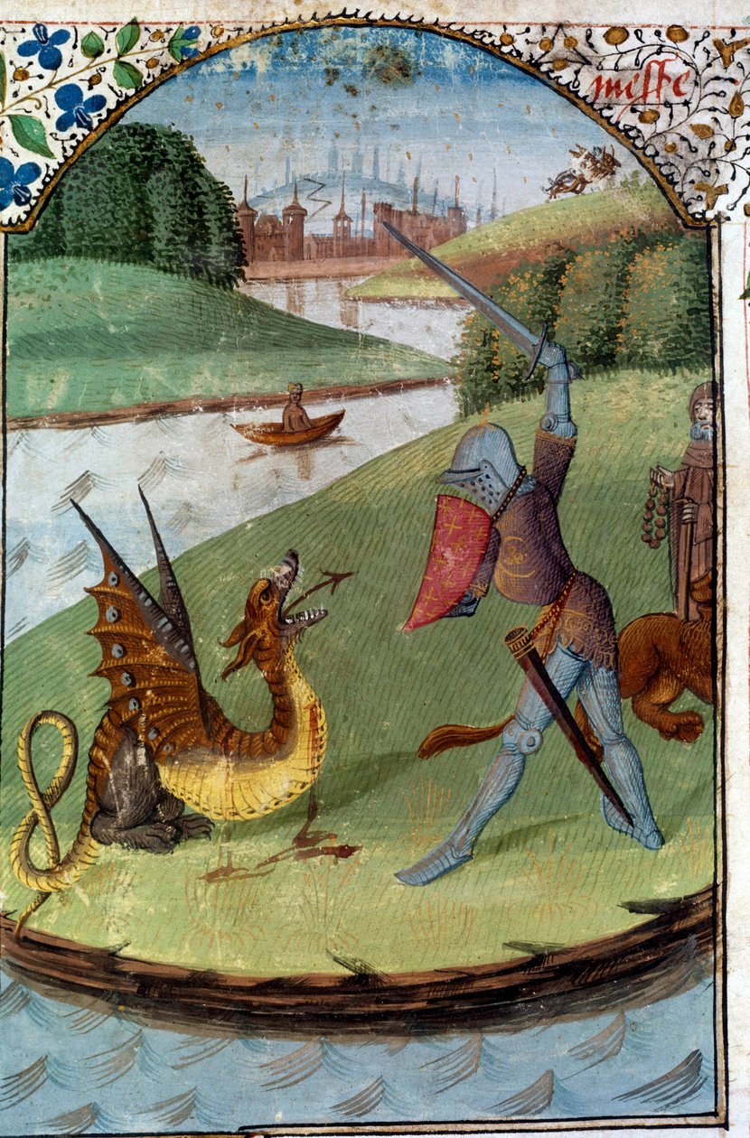 Rytíři kulatého stolu: „Lancelot bojuje proti drakovi““ Rukopisná miniatura „“ Román Lancelot du Lac““ od Unknown artist
