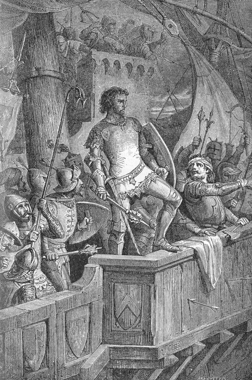 Knut Veliký (Canut I) (994 nebo 995-1035) – Muži Cnuta Velikého na londýnském mostě, pod útokem norského Olafa II (Olafa II. Norska) – Rytina „“ Kaiser, Konig une Papst“ od Richarda Roth od Unknown artist