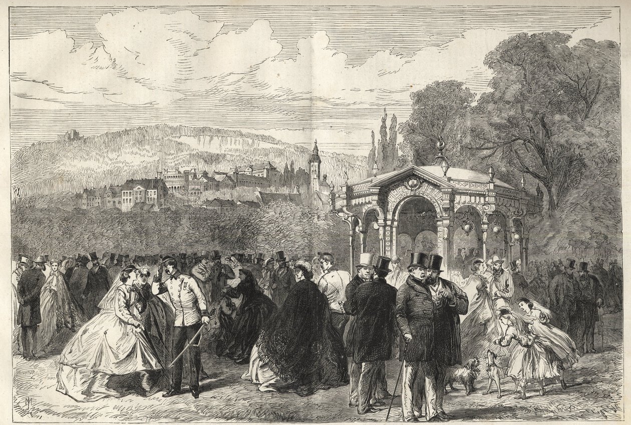 Konversationshaus - Baden Baden (Baden-Baden), Německo - Procházka před domem konverzace - Celkový pohled na Baden-Baden ze zahrad Domu konverzace - 1867 od Unknown artist
