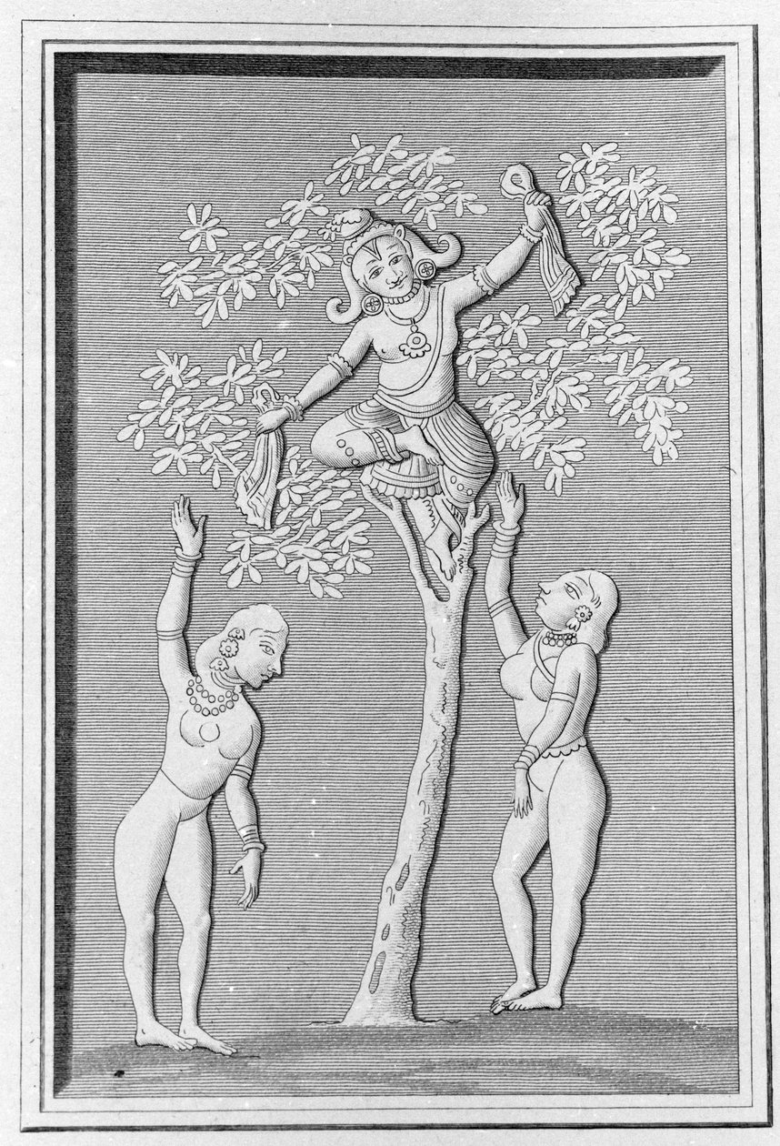 Kršna letí se dvěma gopi. rytina do „“Starověké a moderní památky Hindustanu”” od L. M. Langlese, Paříž 1821. od Unknown artist