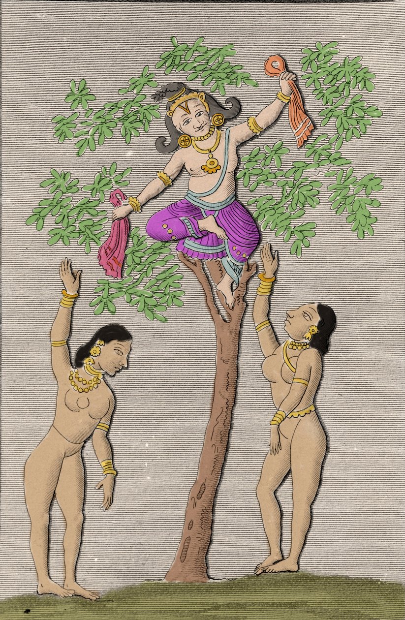 Kršna letí se dvěma gopi. rytina do „“Starověké a moderní památky Hindustanu”” od L. M. Langlese, Paříž 1821. od Unknown artist