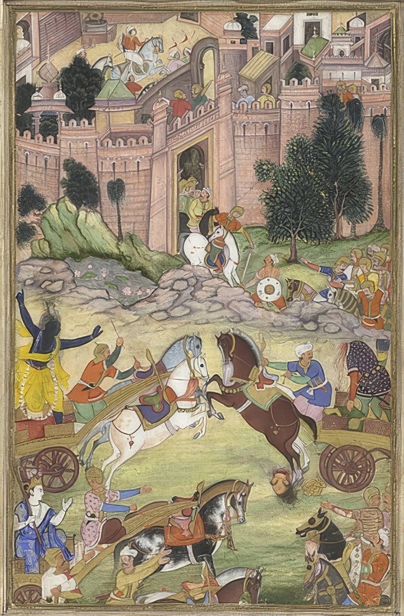 Krišna zabije démona Sri Gala (scéna z Harivamsy). Kolem 1585-95 od Unknown