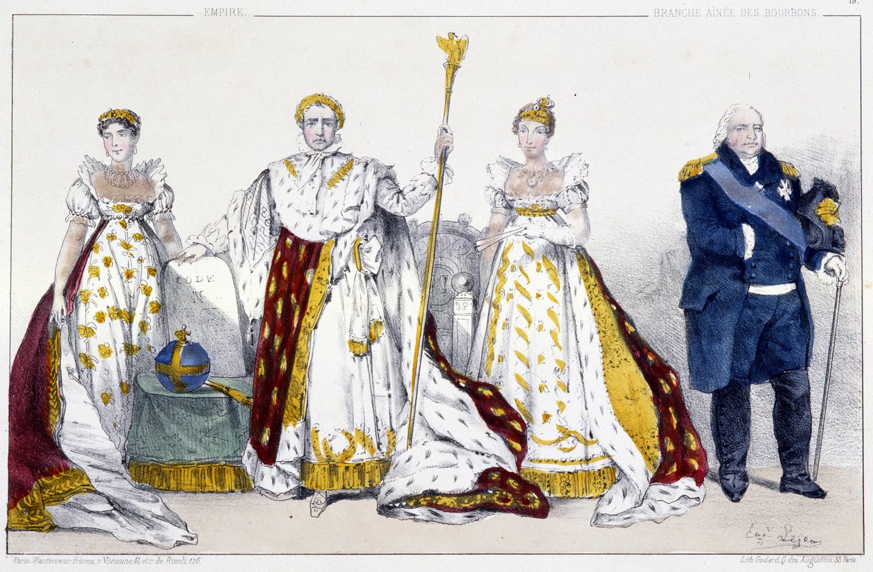 Říše a Bourboni: Josephine de Beauharnais (1763-1814) a Napoleon I. Bonaparte (1769-1821), Marie Josephine de Savoie (1753-1810) a Ludvík XVIII dit Le Desire (1755-1824) - Deska extrahovaná od králů a Královny Francie v tisku, Paříž, ed. Švýcarsko od Unknown artist