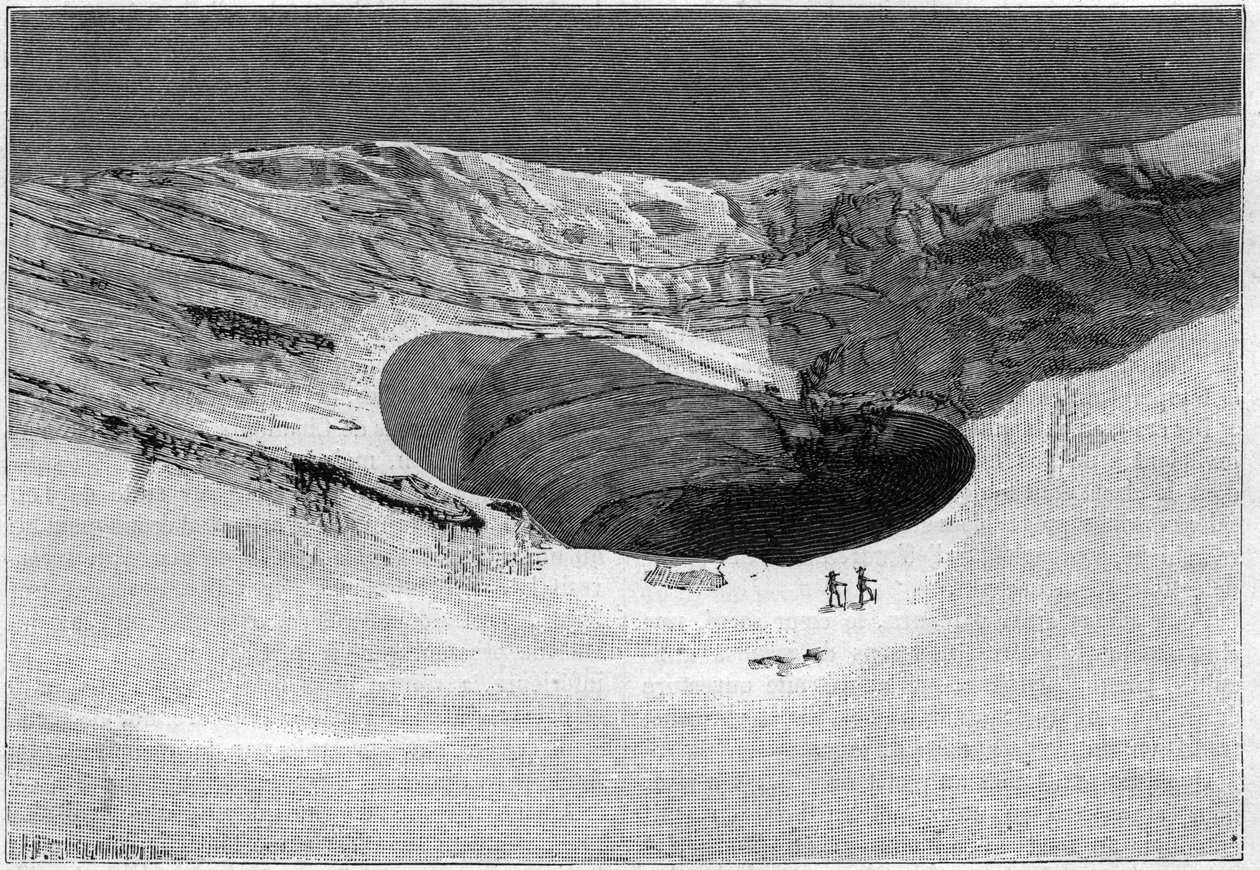 La Catastrophe de Saint-Gervais (Saint Gervais) nebo katastrofa ledovce Tete Rousse (departement Haute-Savoie) (12.-13. července 1892) - Glacier de Tette-Rousse - vnitřní jeskyně a stěna protržení ledovce, rytina v „ "Příroda" - 20. srpna od Unknown artist