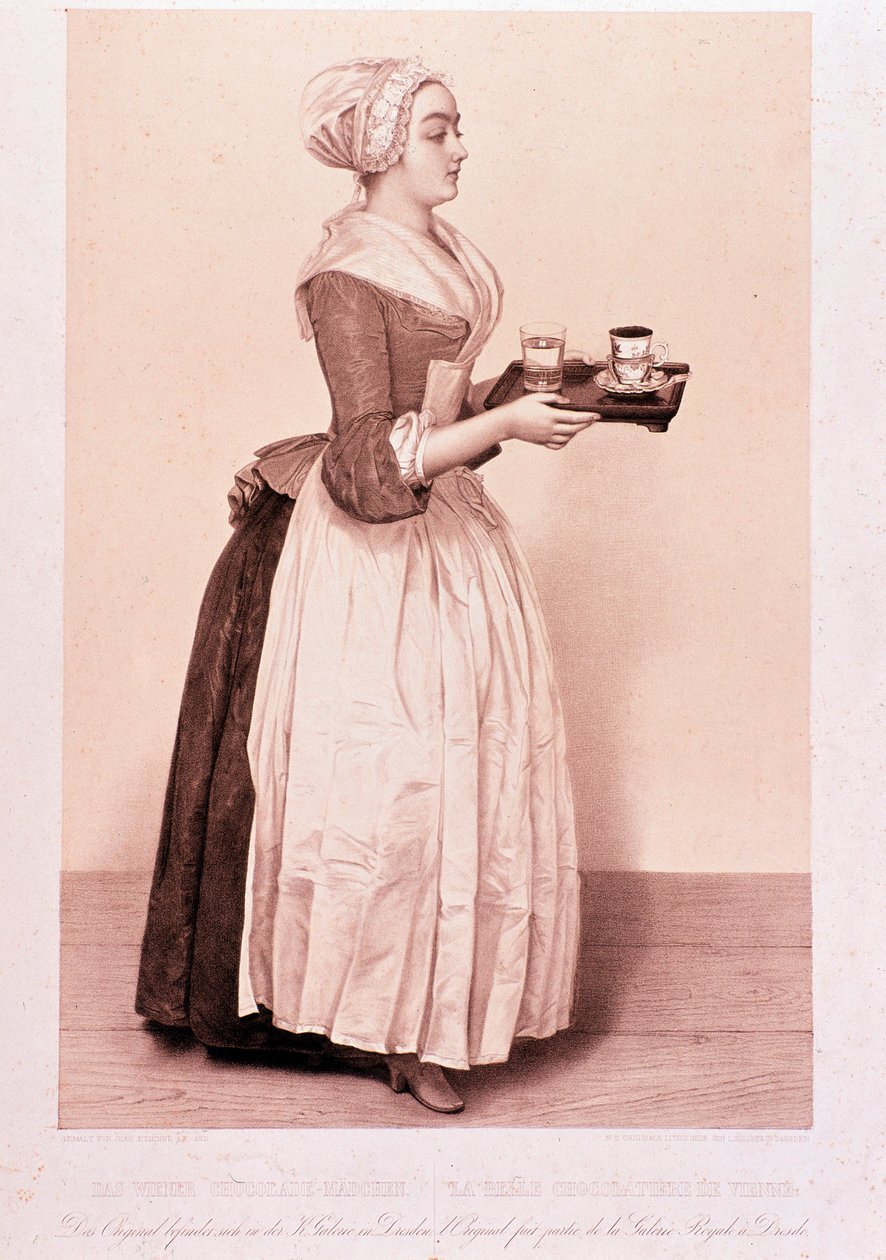 La Chocolatiere de Vienne: mladá pokojská držící tác s šálkem horké čokolády. Litografie soukromé sbírky 19. století od Unknown artist