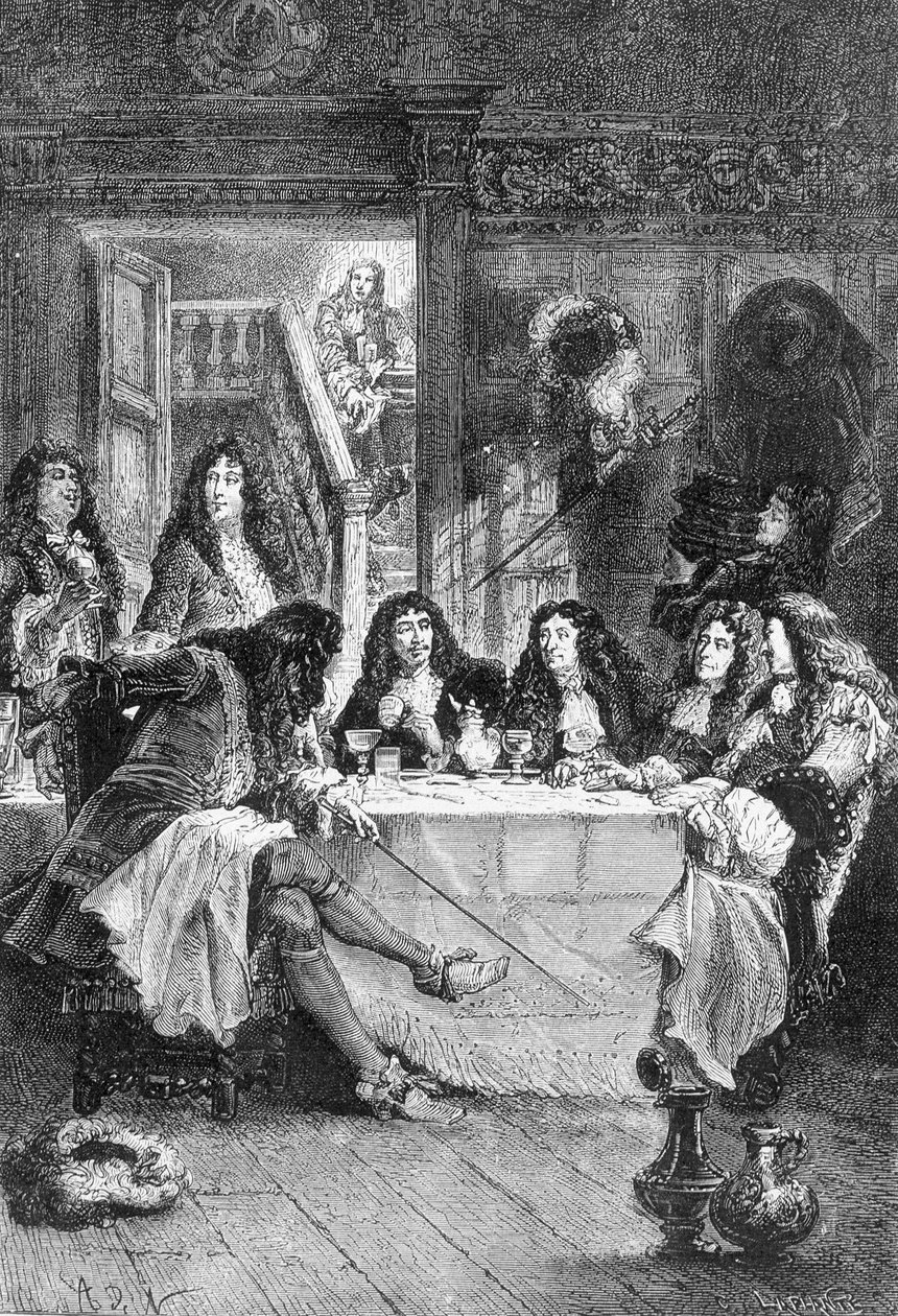 La Fontaine, Boileau, Molière a Racine stolování v kabaretu - v „Histoire de France od nejvzdálenějších časů do roku 1789“ od M. Guizota od Unknown artist