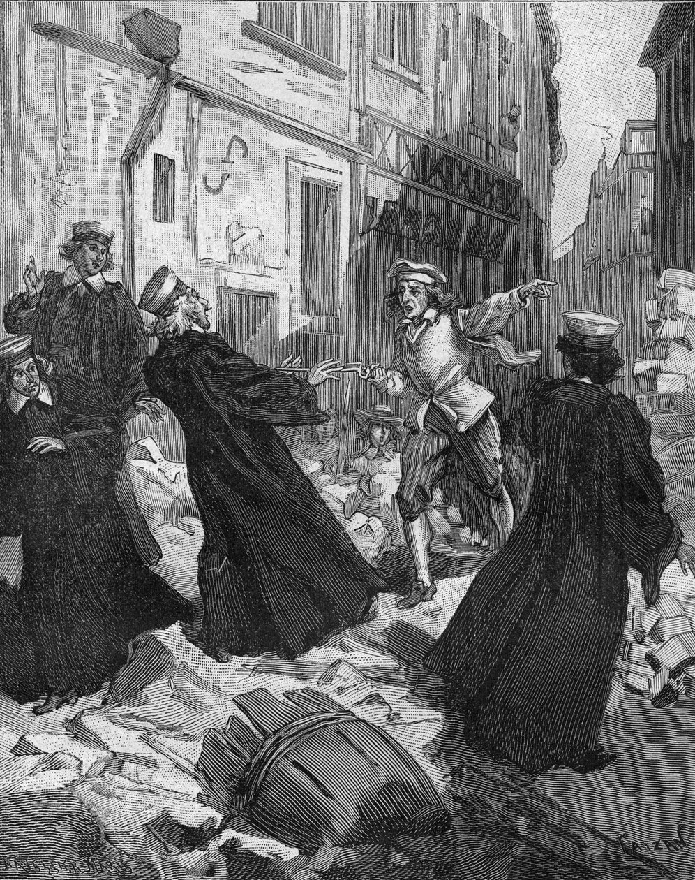La Fronde (27. srpna 1648) - barikády v Paříži: rotorový chlapec ohrožující předsedu parlamentu Mathieu Molé (1584-1656). Rytina 19. století. V „Histoire de France“ od Julese Micheleta od Unknown artist