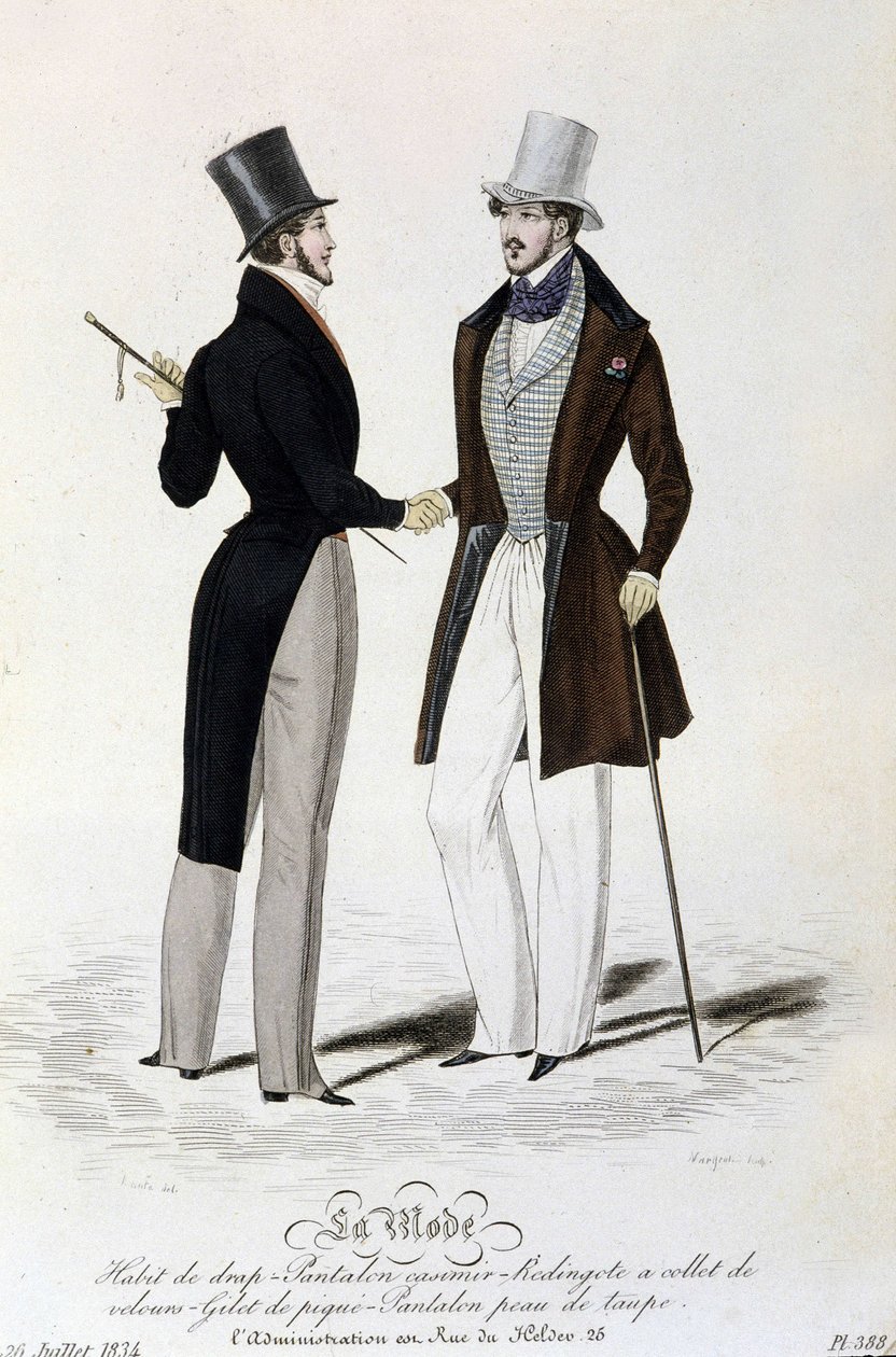 La Mode du 26 juillet 1834: (mužská móda) prostěradlo - kalhoty casimir - Redingote se sametovým límcem - vesta z piqué - kalhoty tmavě hnědé kůže a cylindr. od Unknown artist