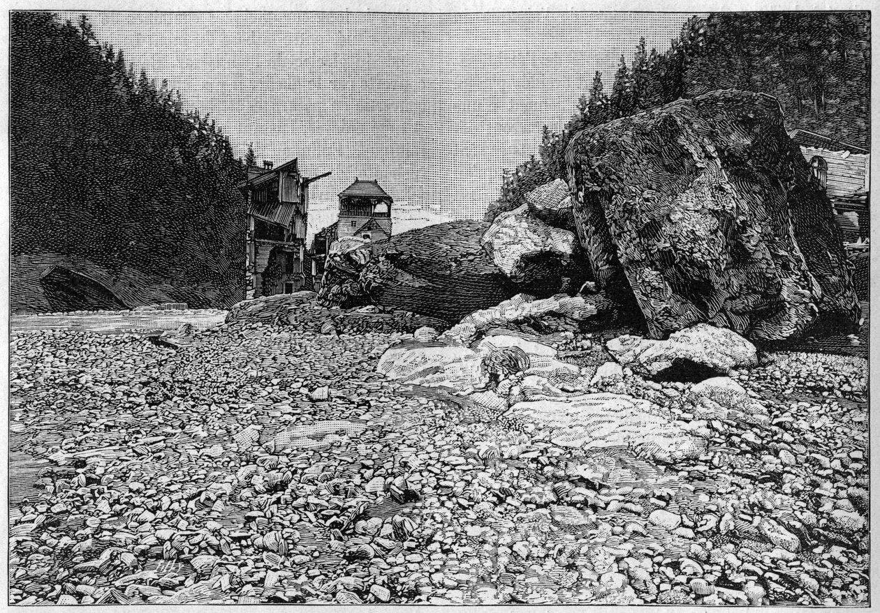 La catastrophe de Saint-Gervais (Saint Gervais) ou catastrophe du glacier de la Tete Rousse (departement Haute-Savoie) (12.-13. července 1892) – Bains de Saint-Gervais po katastrofě s obrovskými bloky transportovanými bystřinou, Gravírování „“ La Natur od Unknown artist