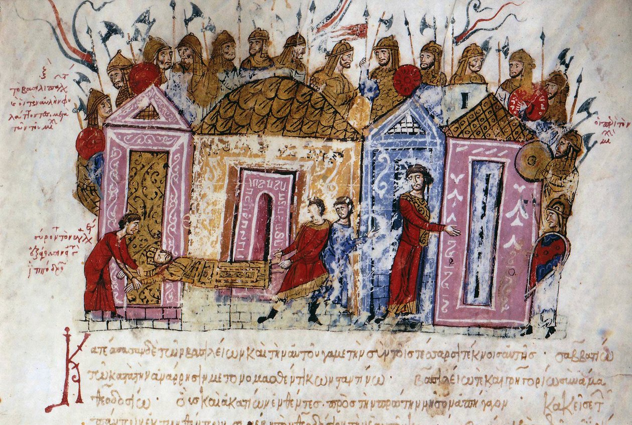 Varjažská (varjažská) ozbrojená garda (dánští a švédští Vikingové, kteří procestovali celý říční systém východních území a stavěli pevnosti, až ke Kaspickému moři, čímž položili základy toho, co by se stalo ruským státem) Miniatura převzatá z od Unknown artist