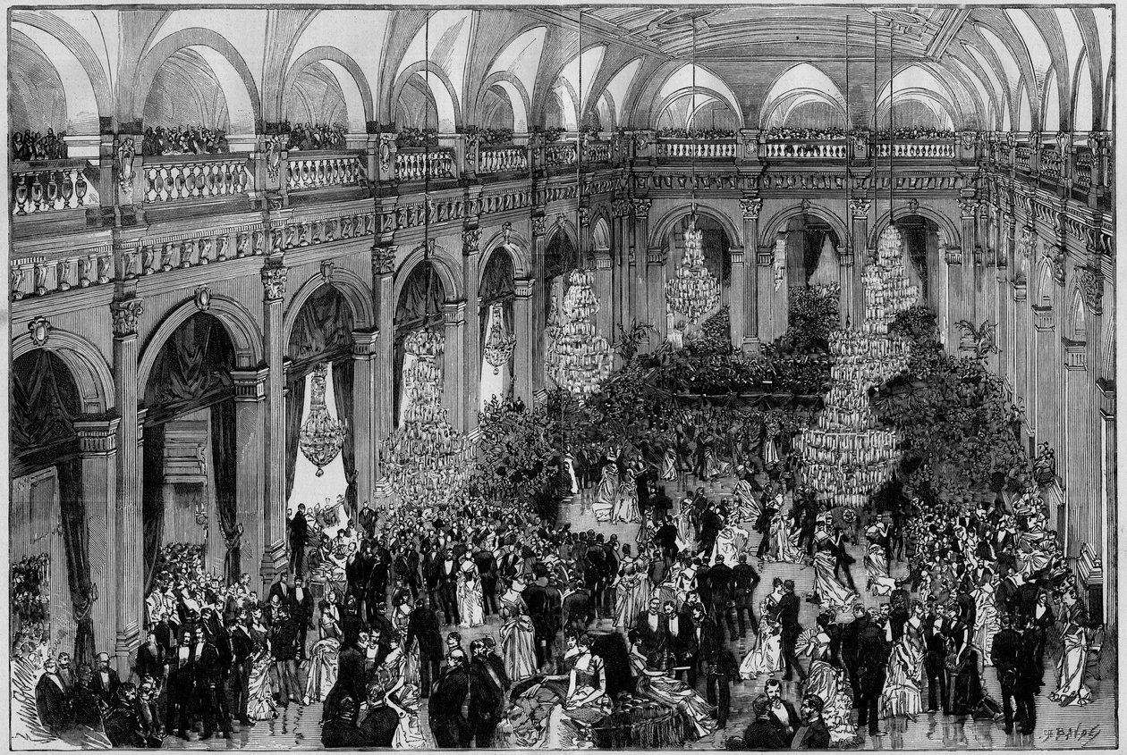 Velký sál Hôtel de Ville v Paříži během každoročních oslav magistrátu. rytina v „The Illustrated World““ 1885 od Unknown artist