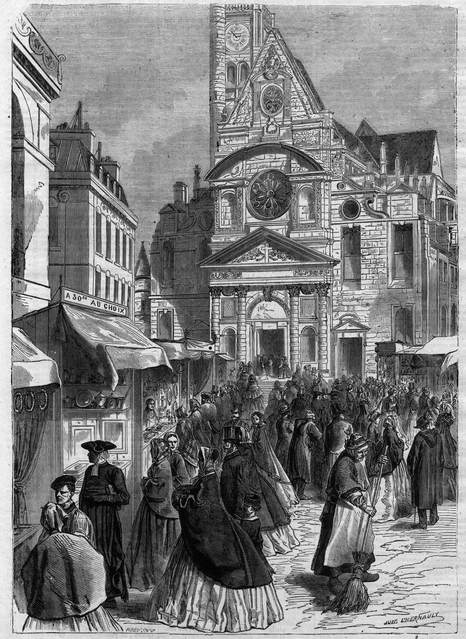 Novéna svaté Genevieve v Saint Etienne du Mont (Saint-Etienne-du-Mont) v Paříži - rytina v „“Le Journal Illustrée““ od Unknown artist