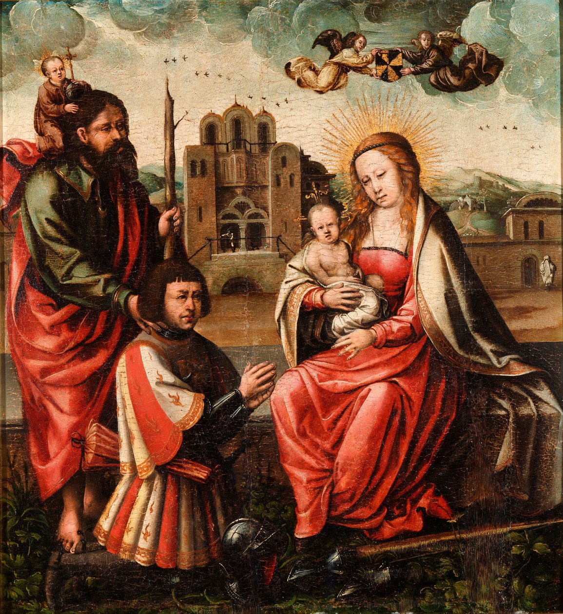 ""Panna Kryštofa Kolumba"" (Panna Kryštofa Colona) Madona s dítětem s Kryštofem Kolumbem a svatým Kryštofem Anonymní obraz 1540 - Olej na dřevě Rozměr 52x48 cm Museo Lazaro Galdiano, Madrid od Unknown artist