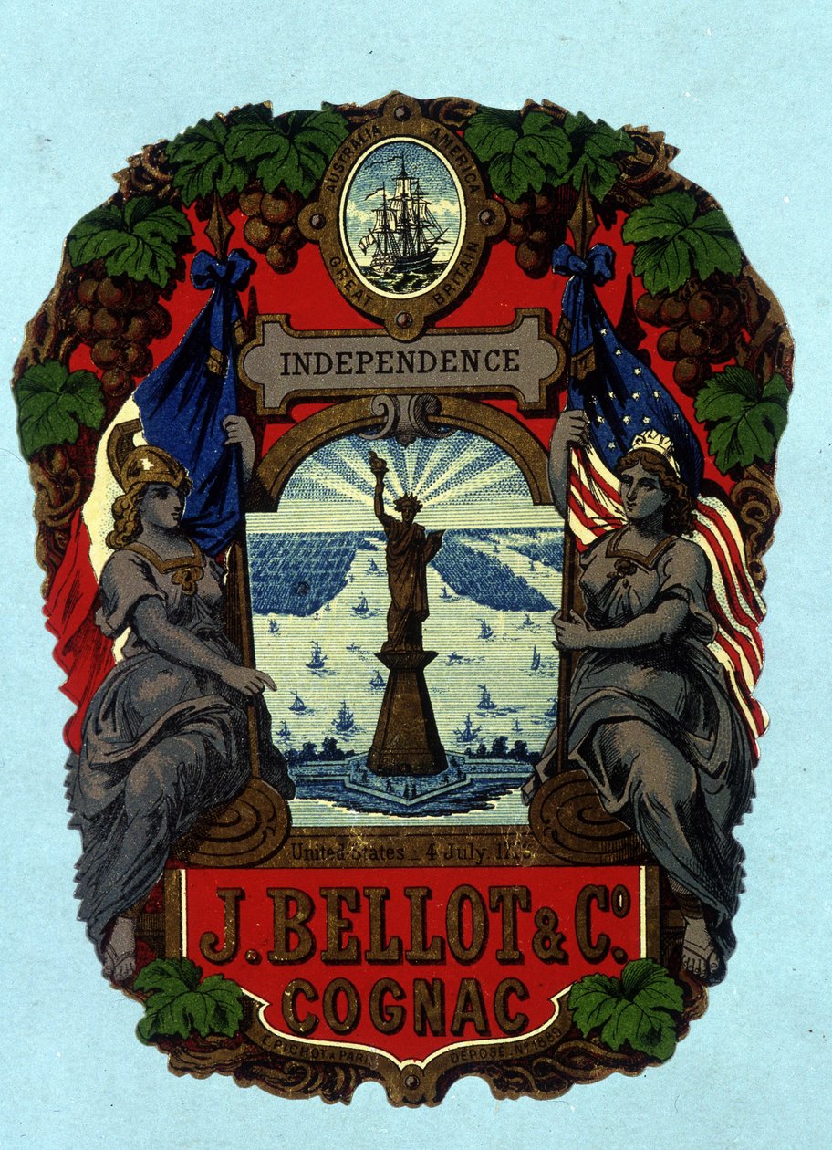 Štítek „“ Nezávislost – J. Bellot & C¡. Cognac““ (Socha svobody). Chromolitografie, n.d. od Unknown artist
