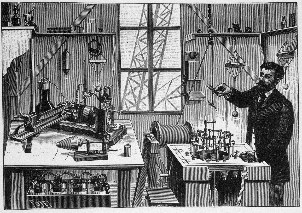 Laboratoř Gustava Eiffela na druhé plošině věže - rytina od Unknown artist