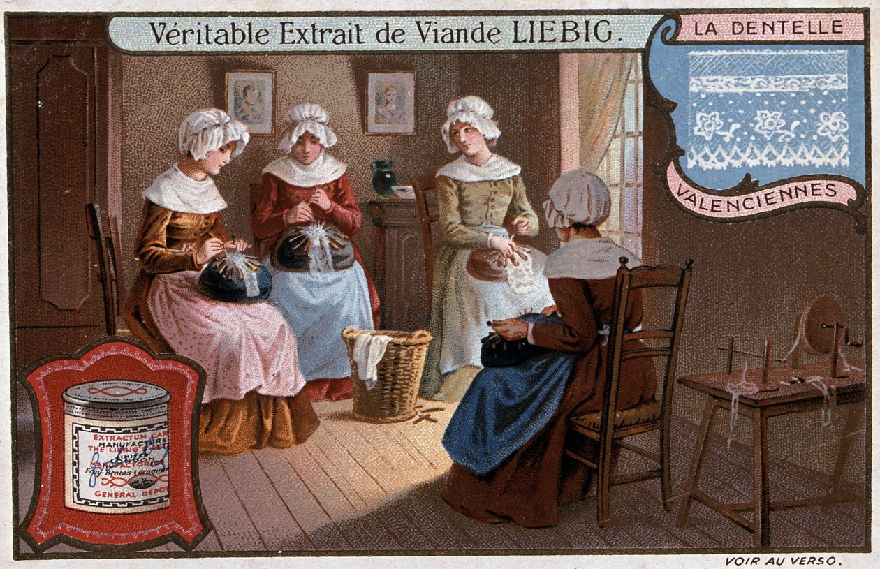 Krajkařská dílna, Valenciennes, reklama Liebig v. 1895 od Unknown artist