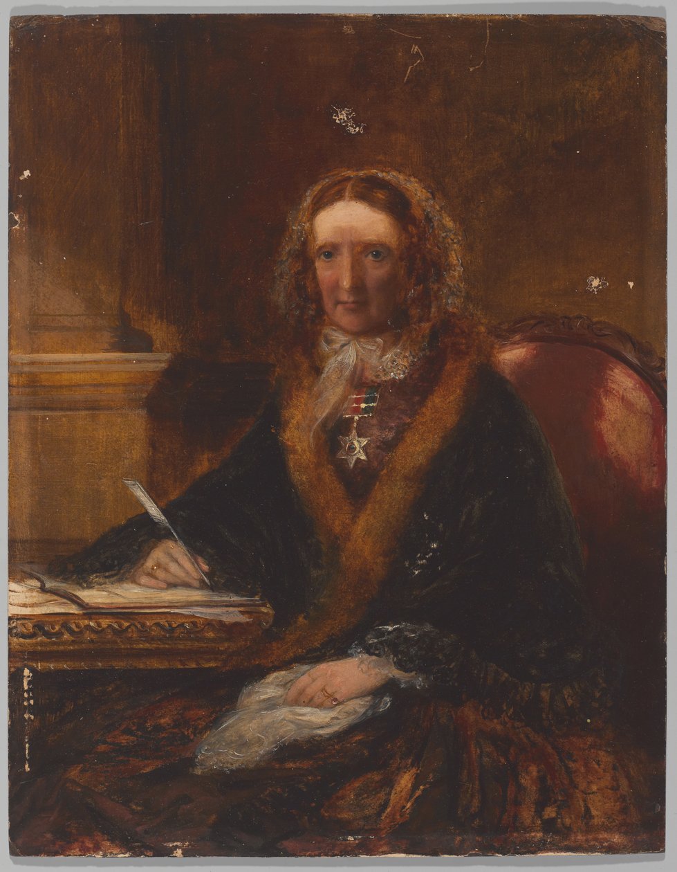 Lady Gough, nosící hvězdu Maharajpoor, jedna ze čtyř dam, které obdržely toto vyznamenání za účast v bitvě 29. prosince 1843 (olej na palubě) od Unknown artist