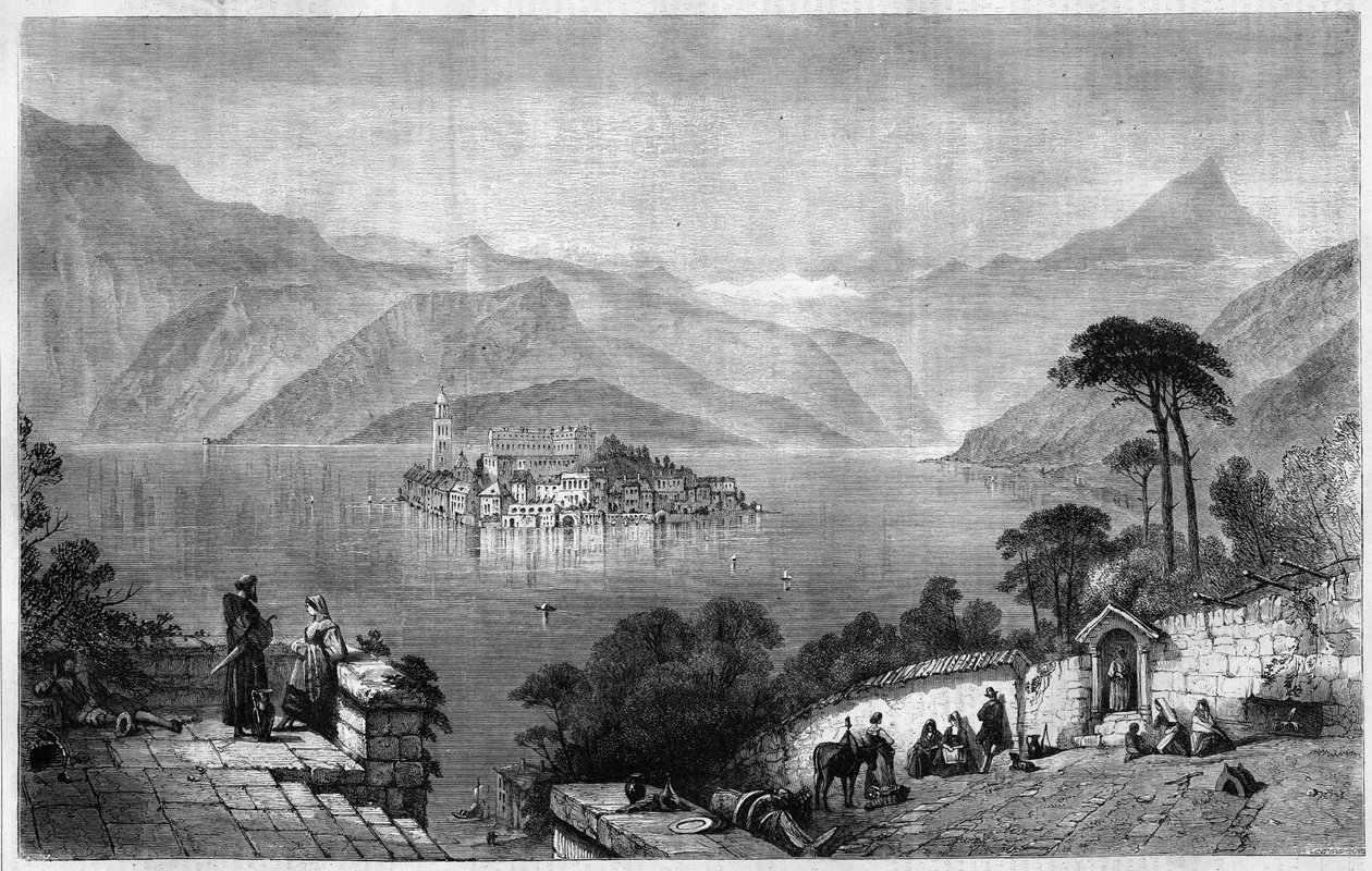 Jezero Orta (Jezero Cusio) (uprostřed ostrova San Giulio (Svatý Jules) v provincii Novara v Itálii. Rytina z roku 1865. od Unknown artist