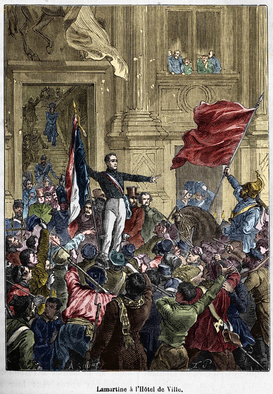 Lamartine (1790 - 1869), odmítající červenou vlajku pro vlajku trikolóru, na radnici. Paříž, 26. února 1848. Sbírka Bianchetti. od Unknown artist