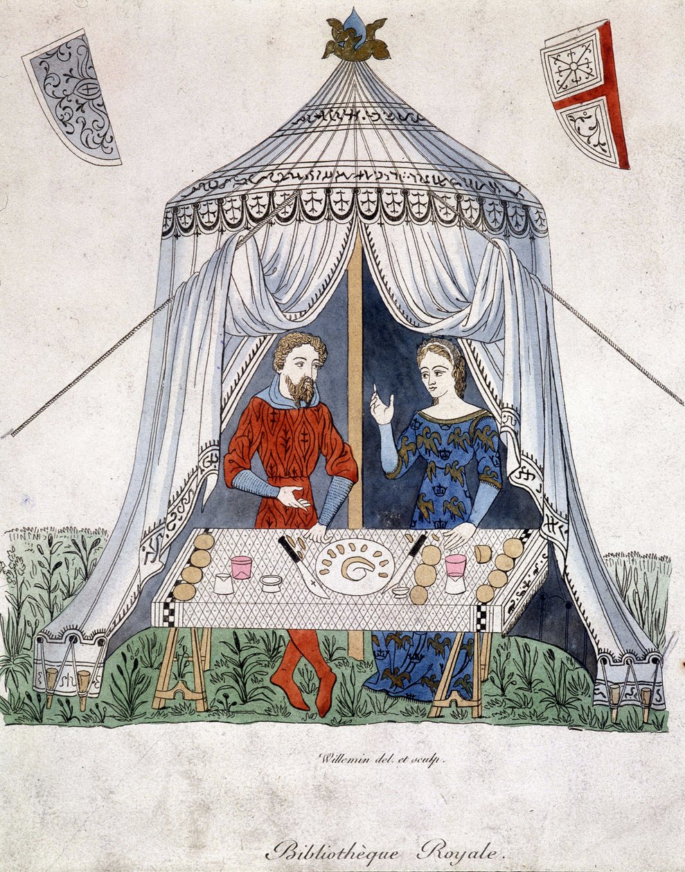 Lancelot a Guineèvre jedí pod stanem, extrahováno z „Lancelot du lac“, podle dokumentu z roku 1370. od Unknown artist