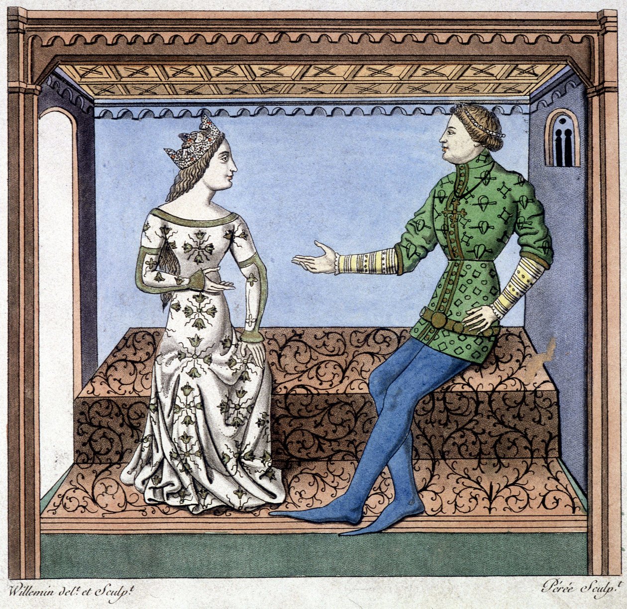 Lancelot a Guineèvre v rozhovoru - výňatek z Lancelot du lac, na základě dokumentu z roku 1370. od Unknown artist