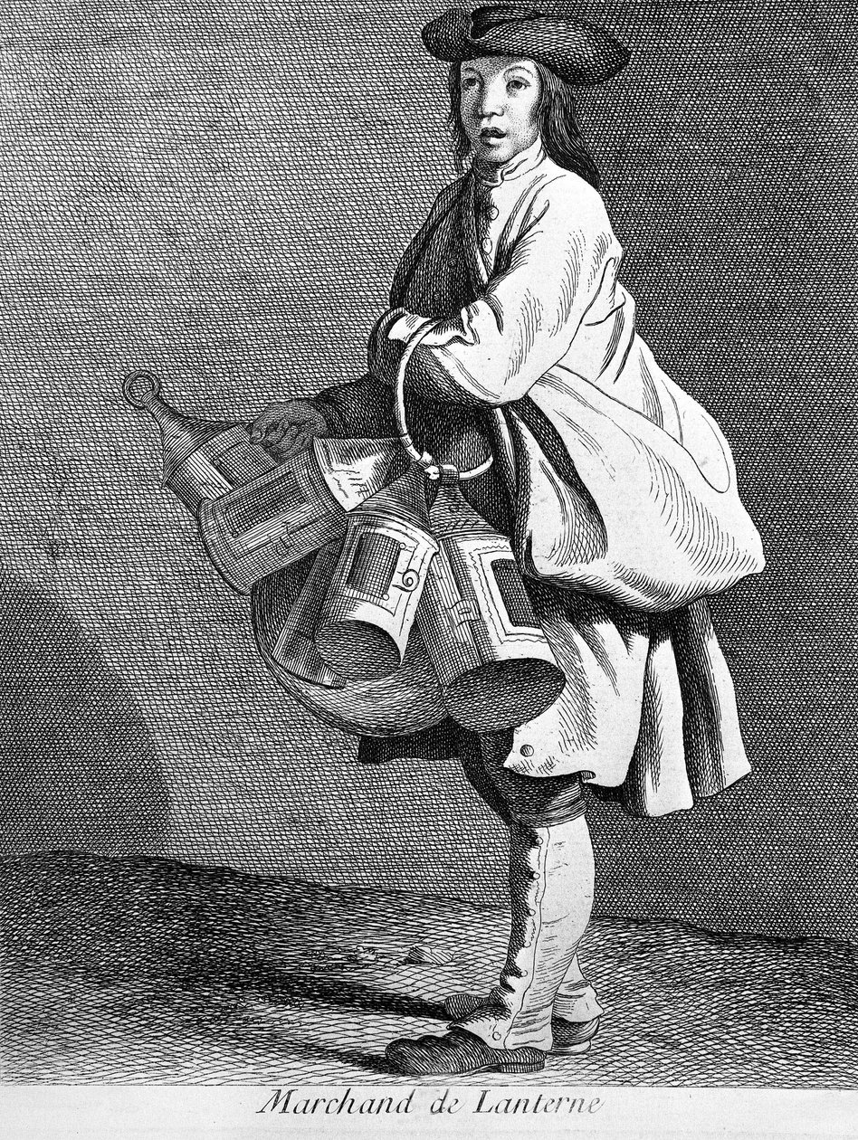 Prodejce luceren. 19. století rytina. od Unknown artist