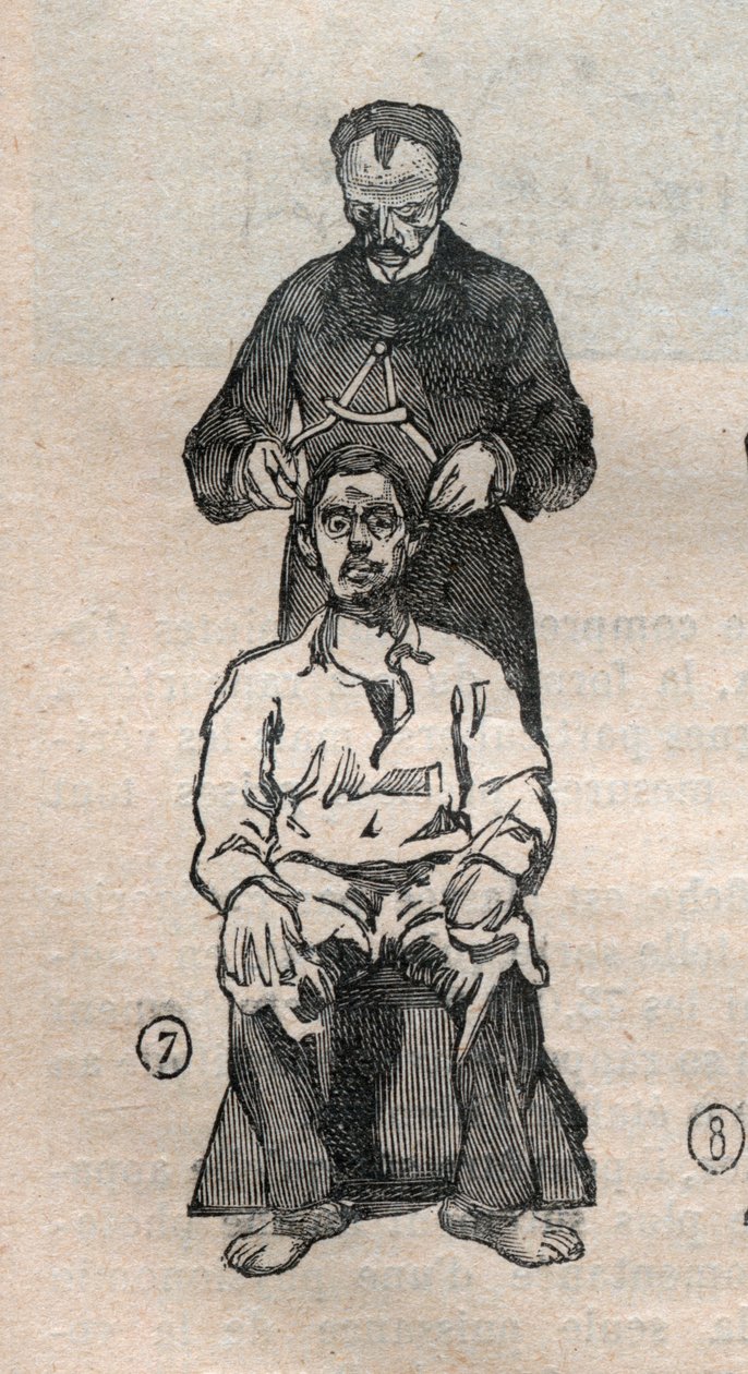 Soudní antropometrie neboli bertillonnage, metoda Alphonse Bertillona (1853-1914): měření příčného průměru lebky - Gravírování v „“ La Science francaise“ od Unknown artist