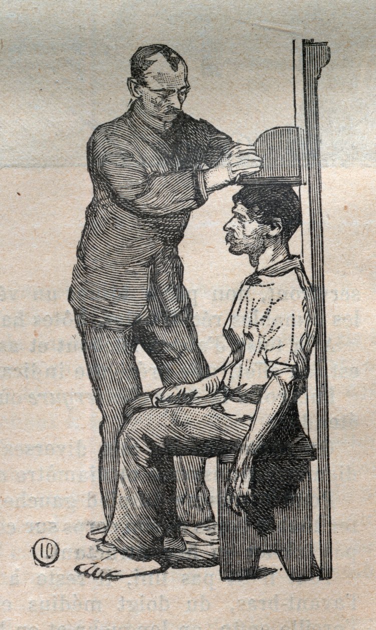 Soudní antropometrie nebo bertillonnage, metoda Alphonse Bertillona (1853-1914): měření poprsí - rytina v „La Science francaise““ od Unknown artist