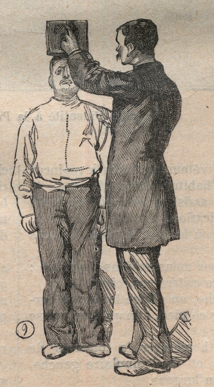 Soudní antropometrie nebo bertillonnage, metoda Alphonse Bertillona (1853-1914): měření výšky - rytina v „La Science francaise““ od Unknown artist