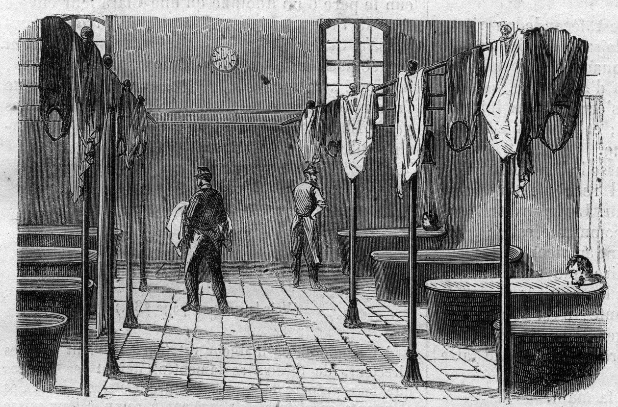 Azyl Sainte Anne (Sainte-Anne) v Paříži: koupelna - rytina v „“Le Journal Illustrée““ od Unknown artist
