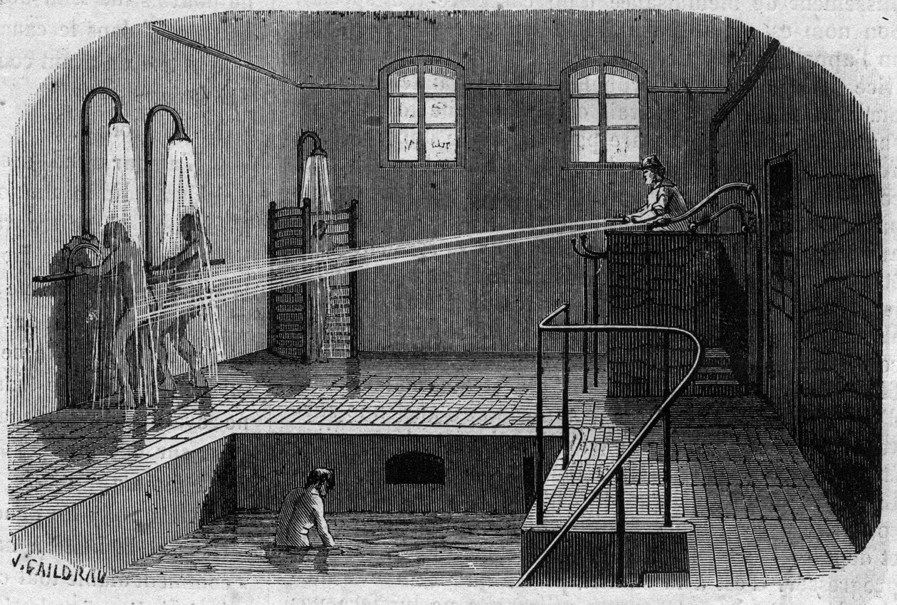 Azyl Sainte Anne (Sainte-Anne) v Paříži: Vodoléčba - rytina v „“Le Journal Illustre““ od Unknown artist