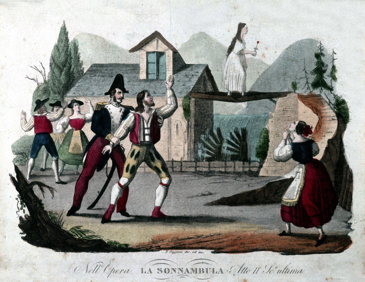 Poslední scéna druhého dějství „La somnambule (La sonnanbula“) od Vincenza Belliniho. Rytina z roku 1835. od Unknown artist