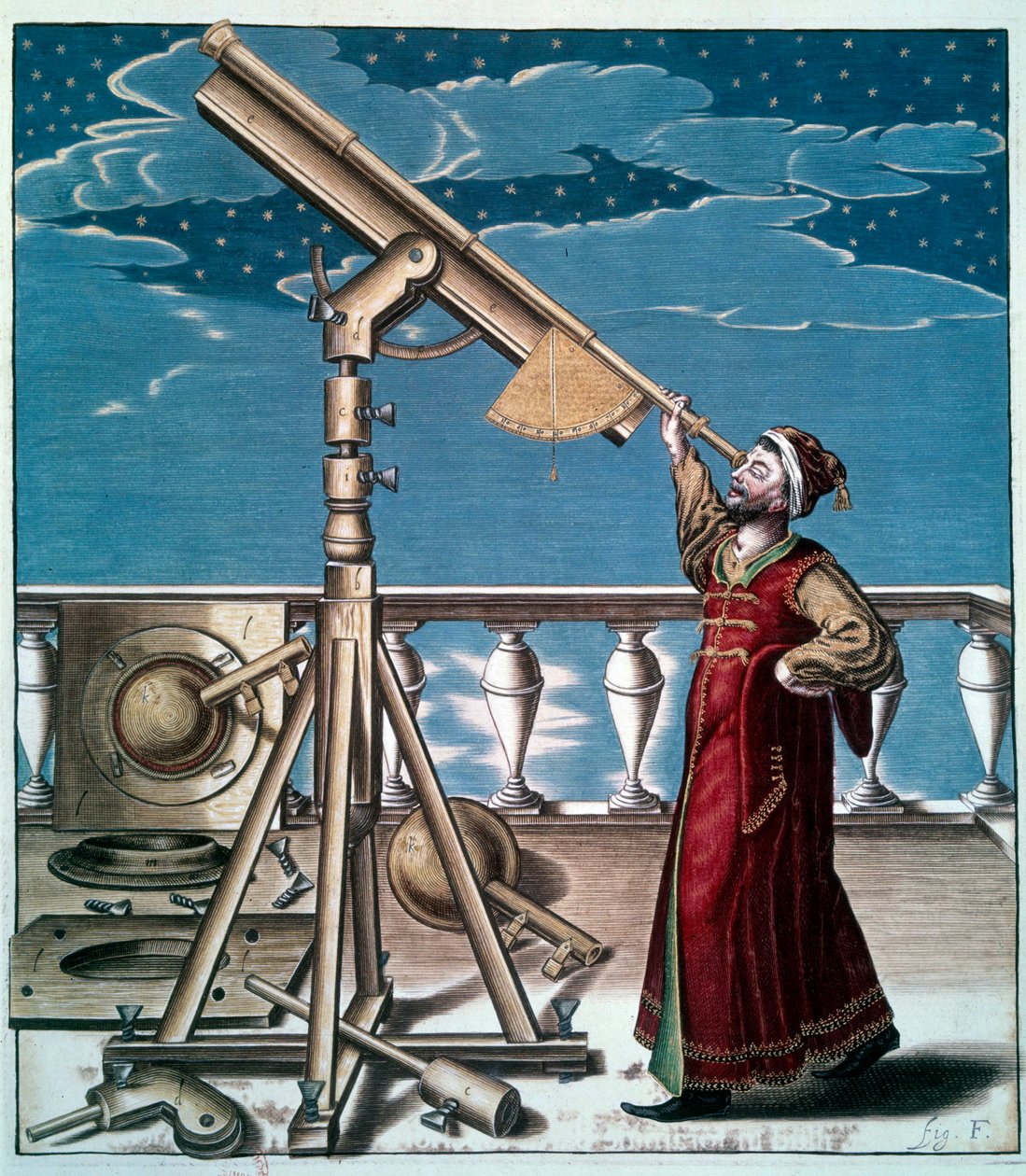 Astronom: muž sleduje hvězdy v astronomické lunetě - Rytina ze 17. století - Paříž, B. N. - Astronom: Muž sleduje hvězdy v dalekohledu - Rytina od Unknown artist