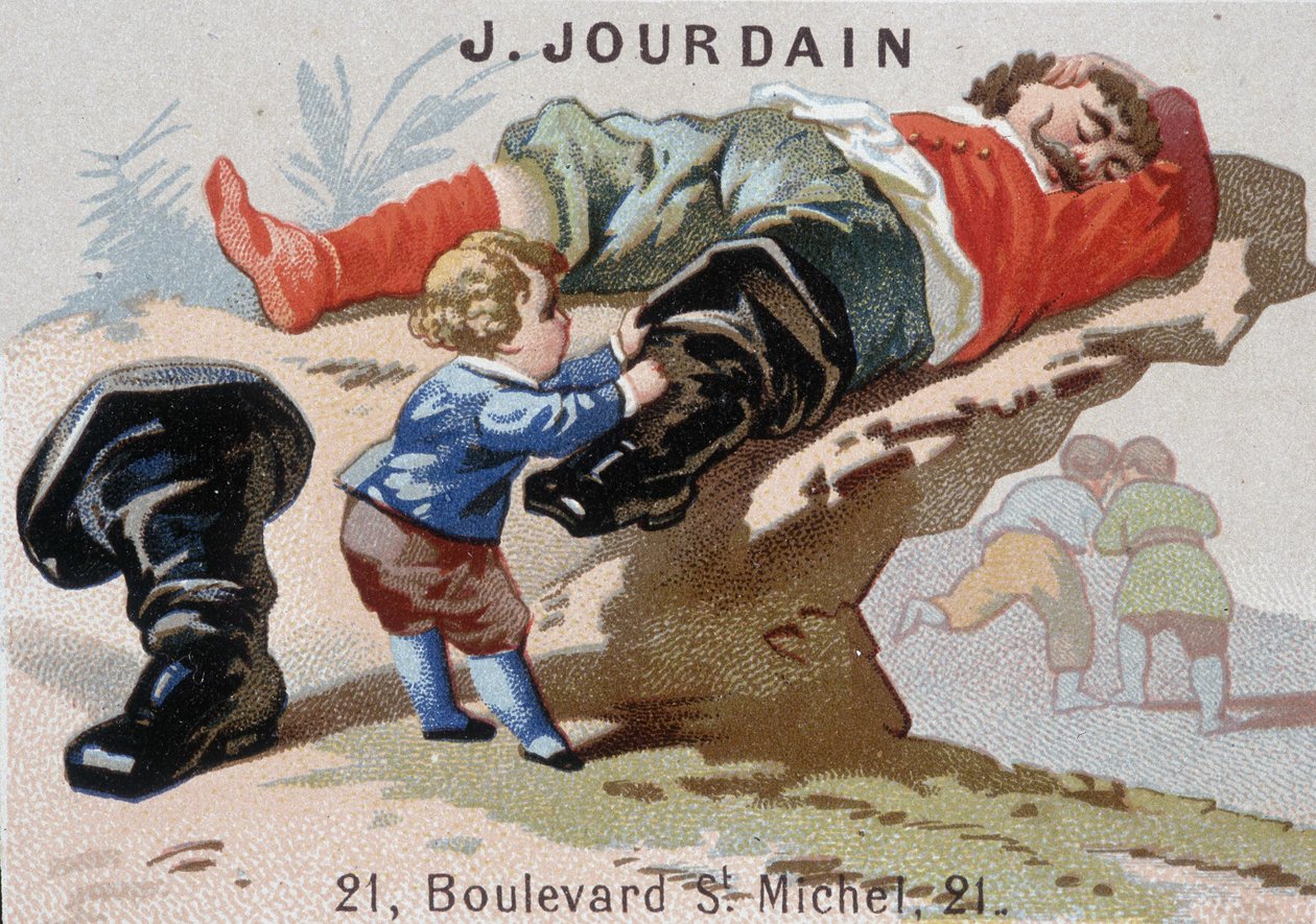 Le Petite Poucet sundává své sedmoligové boty s asoupi ogre - Reklamní značka Jourdain od Unknown artist