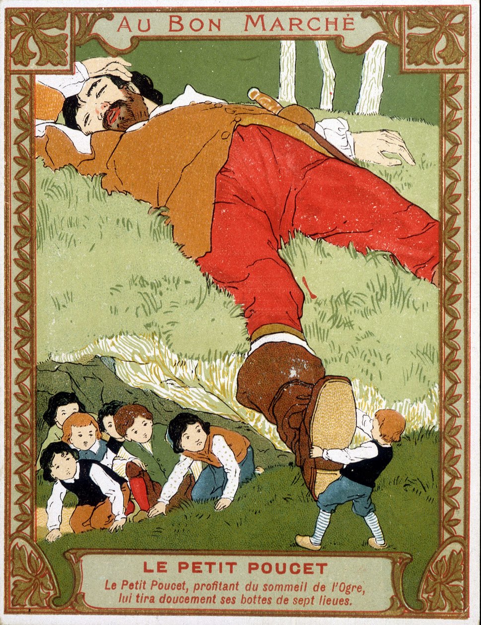 Le Petite Poucet zouvá své sedmoligové boty k zlobrovi assoupi - reklamní značka Bon Marché, konec 19. století od Unknown artist