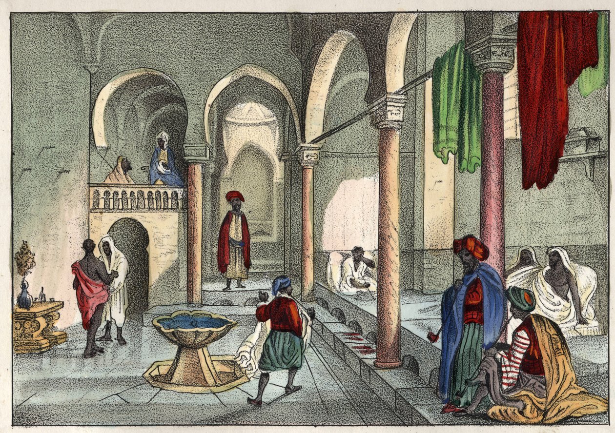 Le bain moure (veřejné lázně) v Alžíru kolem roku 1830. ve „Starověkém a moderním Alžírsku““ od Léona Galiberta. Italské vydání v barvě 1846. od Unknown artist