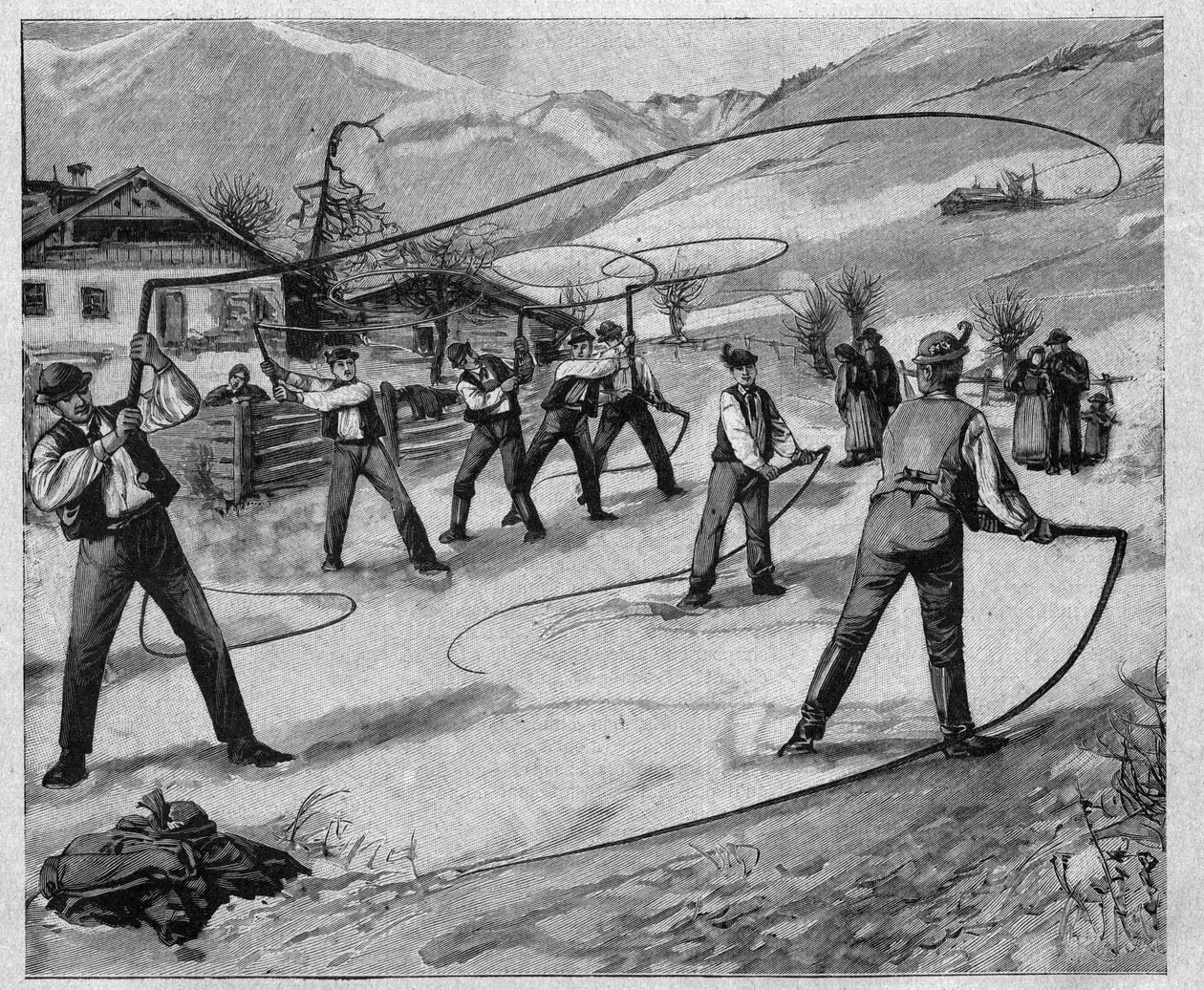 Le clackers du salzkammergut - salzkammergut: Několik nedělí po Novém roce práskají mladí muži ze Salcburku (Rakousko) bičem, aby probudili přírodu ze zimního spánku - rytina 1897 od Unknown artist