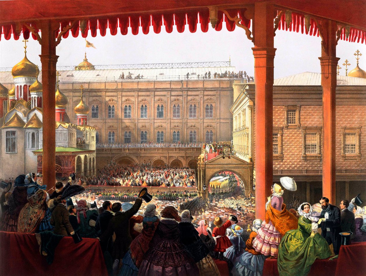 ""Korunovace císaře Alexandra II. (1818-1881) dne 18.02.1855"" Pohled na dav - Anonymní litografie od Unknown artist