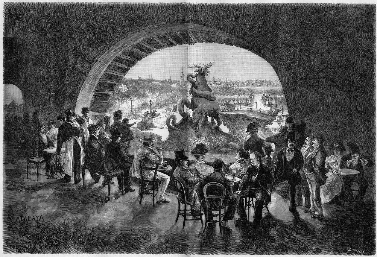 Spodní strana vodopádu v zahradě Trocadero během velkého vedra v Paříži, kam chodí pařížští chodci posedět v pohodě. Rytina v ""The Illustrious World"" od Unknown artist